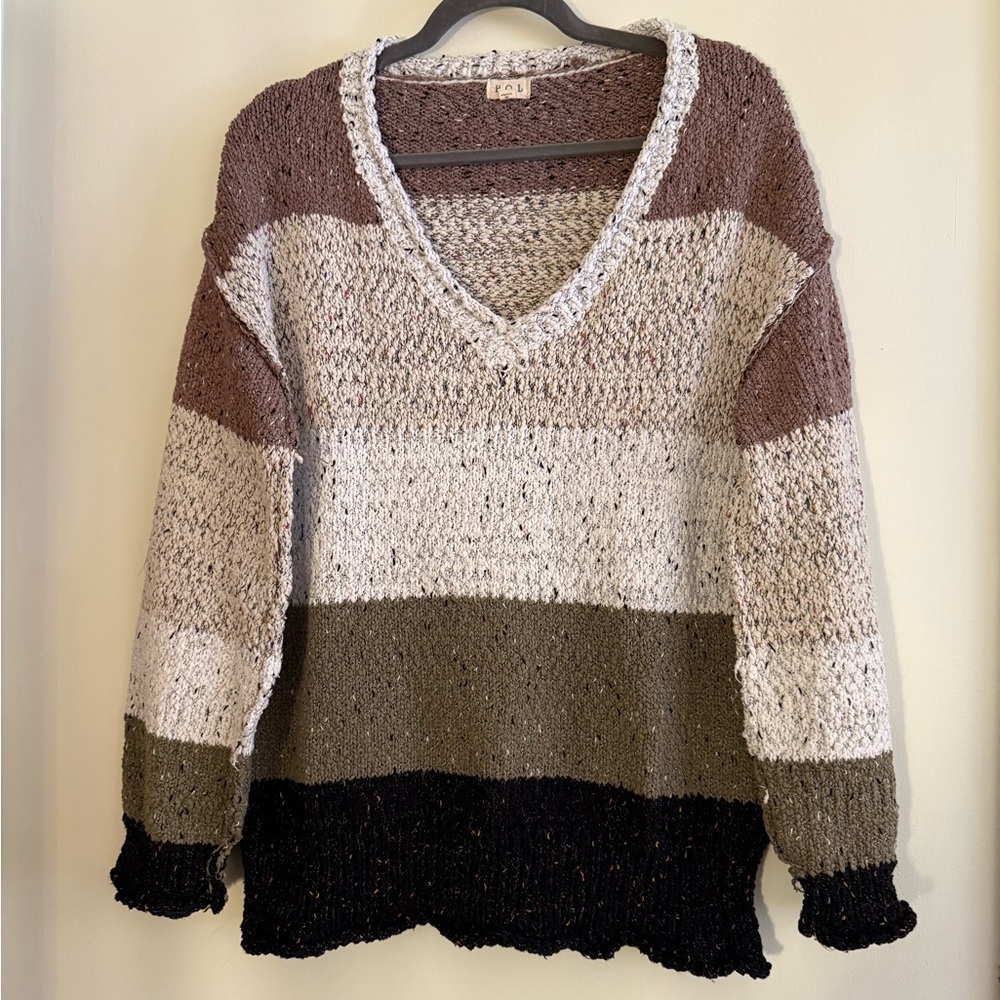 POL Earthy Tones V-Neck Chunky Knit Striped Color Block Sweater Bohemian Hippie